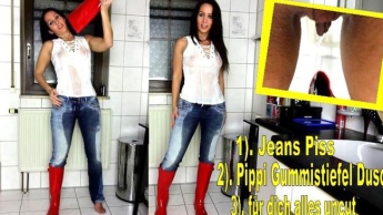 XXL Jeans-Piss mit T-Shirt Gummistiefel Pippi Dusche